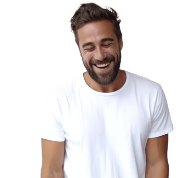 man laughing smiling as he wears white tshirt png
