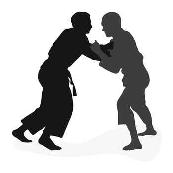 Image silhouette judoka. Judo, martial art, sportsmanship, wrestling, duel, grappling, combating, fighting, struggle vector