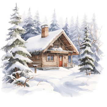 Winter Forest Cabin For Christmas Event. Watercolor Style. AI Generated png