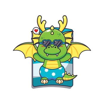 Cute dragon with sunglasses sleep on beach. Cute summer cartoon illustration. vector