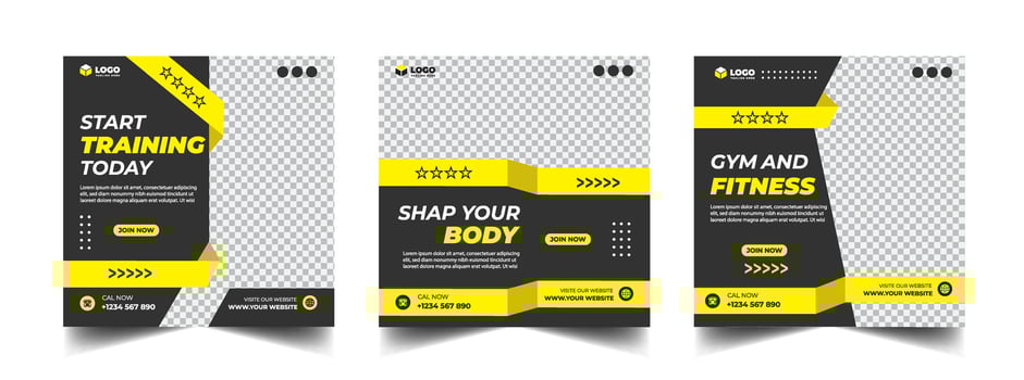 Gym, fitness, and sports social media post template design set. Usable for social media, banner, and website. vector