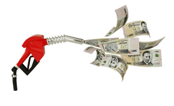 3d rendering of 100 Uruguayan Peso Uruguayo notes coming out from fuel pump. red fuel nozzle with Uruguayan Peso Uruguayo flying around png