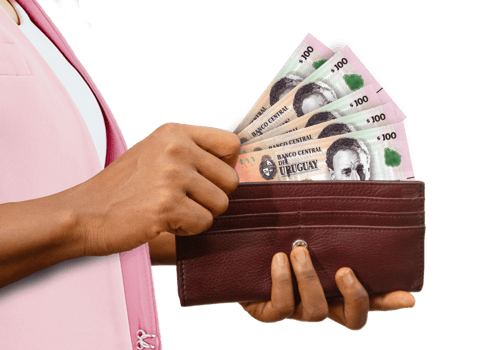 fair Female Hand Holding brown Purse With Peso Uruguayo notes, hand removing money out of purse isolated on transparent background png