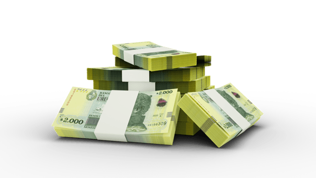 3d rendering of Stack of 2000 Uruguayan peso notes. bundles of Uruguayan currency notes isolated on transparent background png