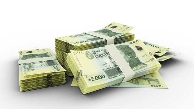 3d rendering of Stack of 2000 Uruguayan peso notes. bundles of Uruguayan currency notes isolated on transparent background png