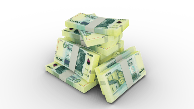 3d rendering of Stacks of Uruguayan peso notes. bundles of Uruguayan pes notes isolated on transparent  background png