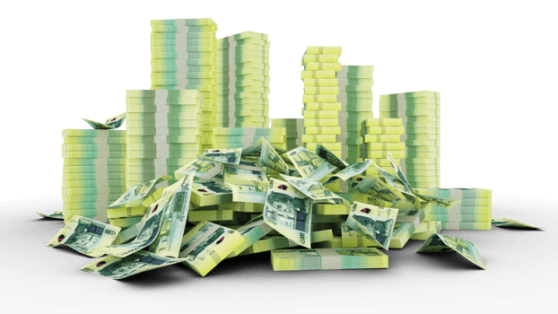 Big stacks of Uruguayan peso notes. A lot of money isolated on transparent background. 3d rendering of bundles of cash png