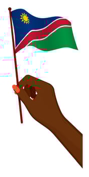 Female hand gently holds small flag of Namibia. Holiday design element. Cartoon vector on white background