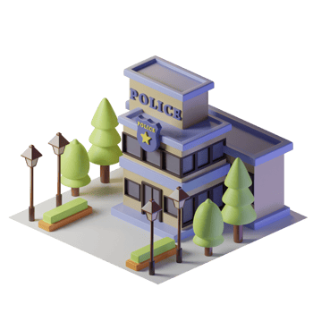Police Station isometric building with trees and street lights png
