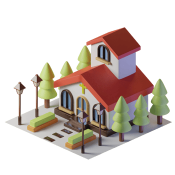 Cathedral isometric building with trees and street lights png