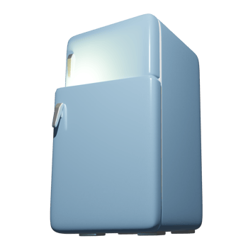 3D rendering of vintage blue fridge freezer with door ajar and burning light inside. Keeping food refrigerated. Realistic PNG illustration isolated on transparent background