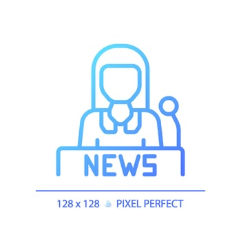 2D pixel perfect gradient female newscaster icon, isolated vector, thin line blue illustration representing journalism. vector