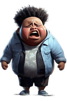 AI Generated black kid boy crying, scared and sad, isolated illustration, cartoon style character emotion, transparent background png