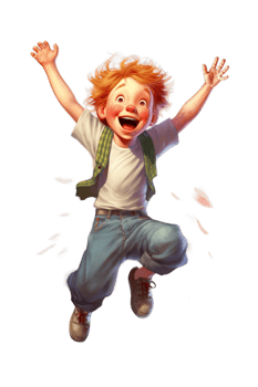 Ai Generated white kid boy dancing, jumping in joy raising hands and laughing, isolated illustration, transparent background png