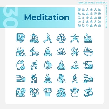 Pixel perfect blue icons set representing meditation, editable thin line wellness illustration. vector