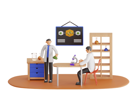 3d illustration of group of scientists working at the laboratory. scientist team working together researchers in uniform making chemical experiments in laboratory png