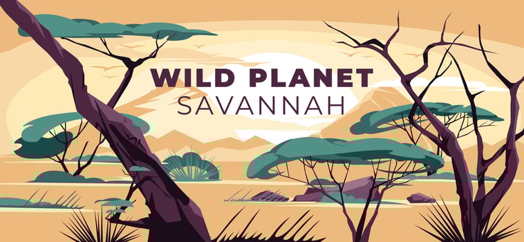 savanna sunset landscape in soft tones. Vector flat illustration. African flora.