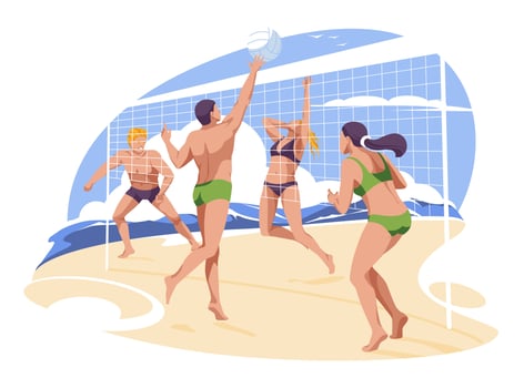 Beach volleyball scene by the sea. Men and women characters flat vector illustration