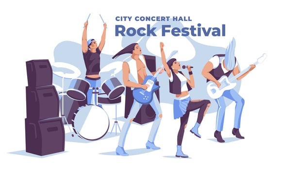 Rock band isolated on white background. Stage performance, music show and festival. Character design. Vector flat illustration.