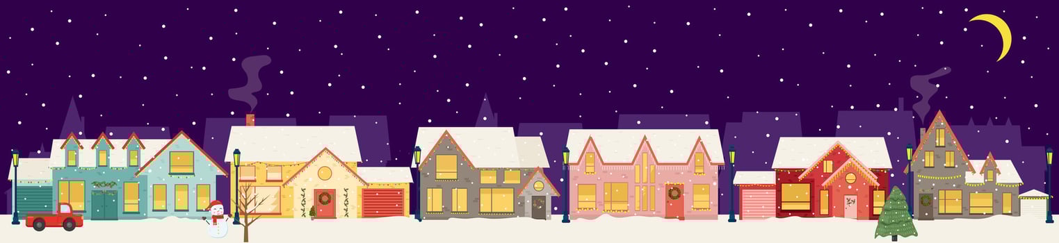 Snowy night in cozy christmas town city panorama. Winter christmas village vector