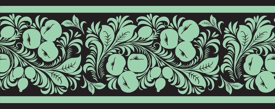 Vector green seamless Russian folk ornament Khokhloma. National endless border, frame of Slavic peoples, Belarusians, Ukrainians