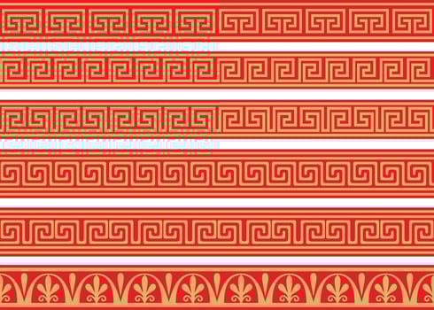 Set of vector seamless greek classic ornament. Pattern for a border and a frame. Ancient Greece and the Roman Empire. Endless gold with red meander