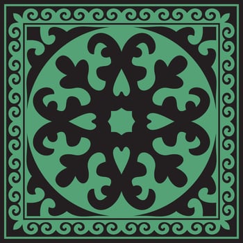 Vector green with black Square Kazakh national ornament. Ethnic pattern of the peoples of the Great Steppe, Mongols, Kyrgyz, Kalmyks, Buryats