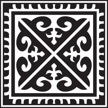 Vector black monochrome square Kazakh national ornament. Ethnic pattern of the peoples of the Great Steppe, .Mongols, Kyrgyz, Kalmyks, Buryats