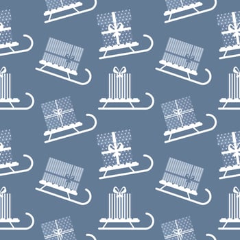 Seamless pattern, winter sleigh with gifts boxes. Blue and white design. Background, textile, vector