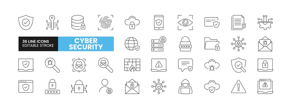 Set of 36 Cyber Security line icons set. Cyber Security outline icons with editable stroke collection. Includes Cloud Protection, Key, Biometric, Password, Lock, and More. vector