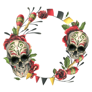 Ornamented human skulls with red roses, candles, maracas and flags. Hand drawn watercolor illustration for day of the dead, halloween, Dia de los muertos. Circle frame, template png
