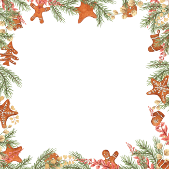 Watercolor frame of Christmas Spruce Branch, Gingerbread Cookies, Dried Plants. Yellow and terracotta herbs, gingerbread man, stars, Xmas sock, mitten, fir needles. Space for text png