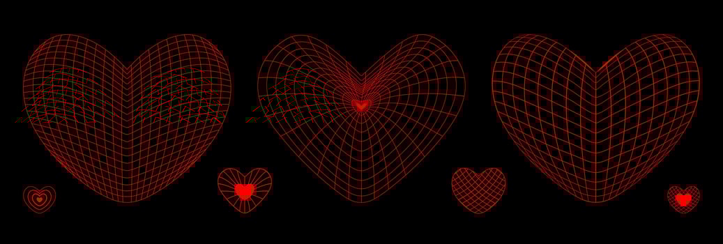 Neon red wireframe heart shapes set on black background. Vector Y2K design elements. Love or cardiology concept