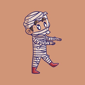 Cute Mummy Vector Cartoon Illustration on Scary Pose. Halloween Mummy Costume. Cute Mummy Costume on Halloween Party.