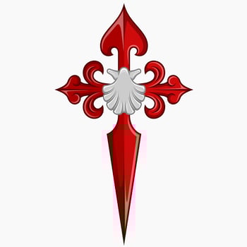 Vector design of christian symbology of the apostle santiago, santiago cross with scallop, sword and ribbon