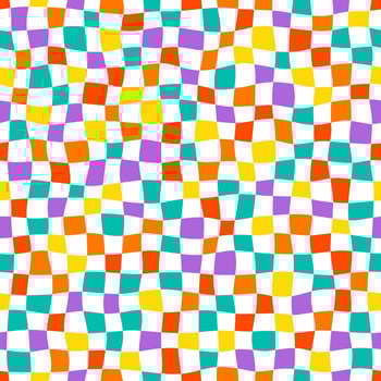 Multicolor checkerboard seamless pattern. Groovy psychedelic wavy chessboard. Hippie twisted gingham checkerboard background. Checker retro psychedelic vector illustration isolated on white background