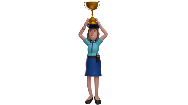 3D Illustration. Cute Policewoman 3D cartoon character. The police woman raised and put the golden trophy on her head. Policewoman showed everyone that she won the competition. 3D cartoon character png