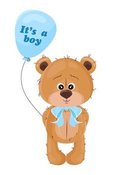 Bear. It's a boy. Teddy bear with blue balloon for babyshower. vector