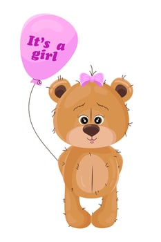 Bear. It's a girl. Teddy bear with pink balloon for babyshower. vector