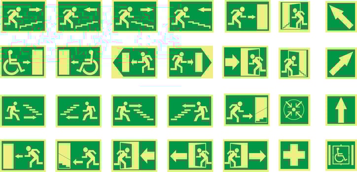 set of emergency, exit signs. Green, white and yellow color. Arrows vector