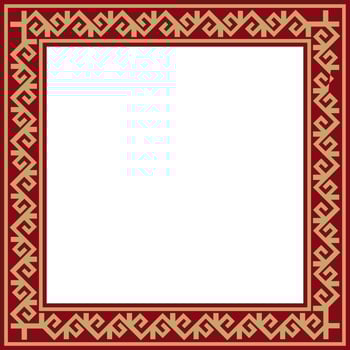 Vector red with gold Square Kazakh national ornament. Ethnic pattern of the peoples of the Great Steppe, .Mongols, Kyrgyz, Kalmyks, Buryats. Square frame border.