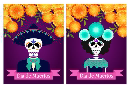 Dia de los muertos. Day of the Dead, Mexican holiday, festival. Woman and man skulls , banner with colorful Mexican flowers. vector