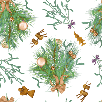 Christmas seamless pattern with branch of mistletoe, pine and wooden toy digital illustration. Christmas decorations, bells, ball hand drawn. Print for textile, wrapping, paper. png
