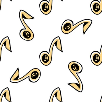 Doodle-style musical note seamless pattern. Festive concept. Hand drawn vector colored outline pattern. Yellow color.
