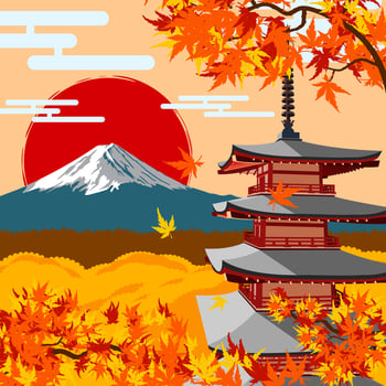 Mount Fuji in autumn season near the pagoda vector