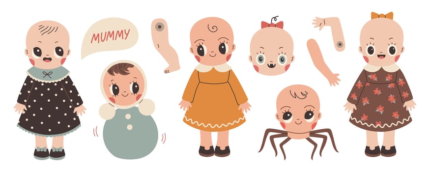 Creepy doll set. Cute Halloween dolls isolated on white flat vector. Halloween sticker, poster, banner, scrapbooking. Vector illustration