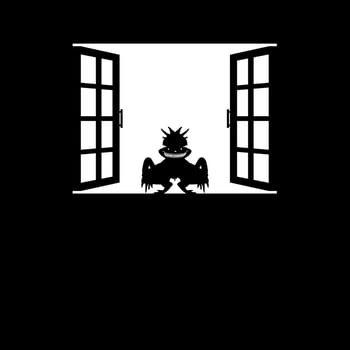 Weird Figure with Ugly Face on the Windows Silhouette. Creepy, Horror, Scary, Mystery, or Crime Illustration. Art Illustration for Horror Movie Film or Halloween Theme Design Element. Vector