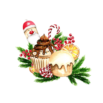 Composition for Christmas. Gifts, cupcake, cake,cookies,fir branches.Composition for Christmas. png