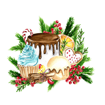 Composition for Christmas. Gifts, cupcake, cake,cookies,fir branches.Composition for Christmas. png
