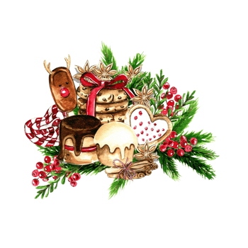 Composition for Christmas. Gifts, cupcake, cake,cookies,fir branches.Composition for Christmas. png